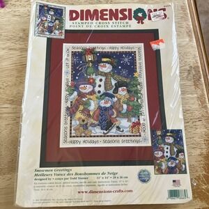 DIMENSIONS 8665 Stamped Cross Stitch Kit SNOWMEN GREETINGS 2001 Christmas NEW